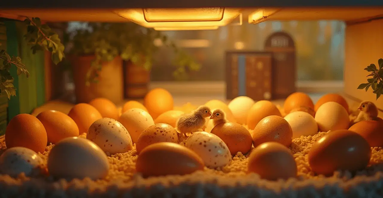 chicken eggs and quail egg in incubator