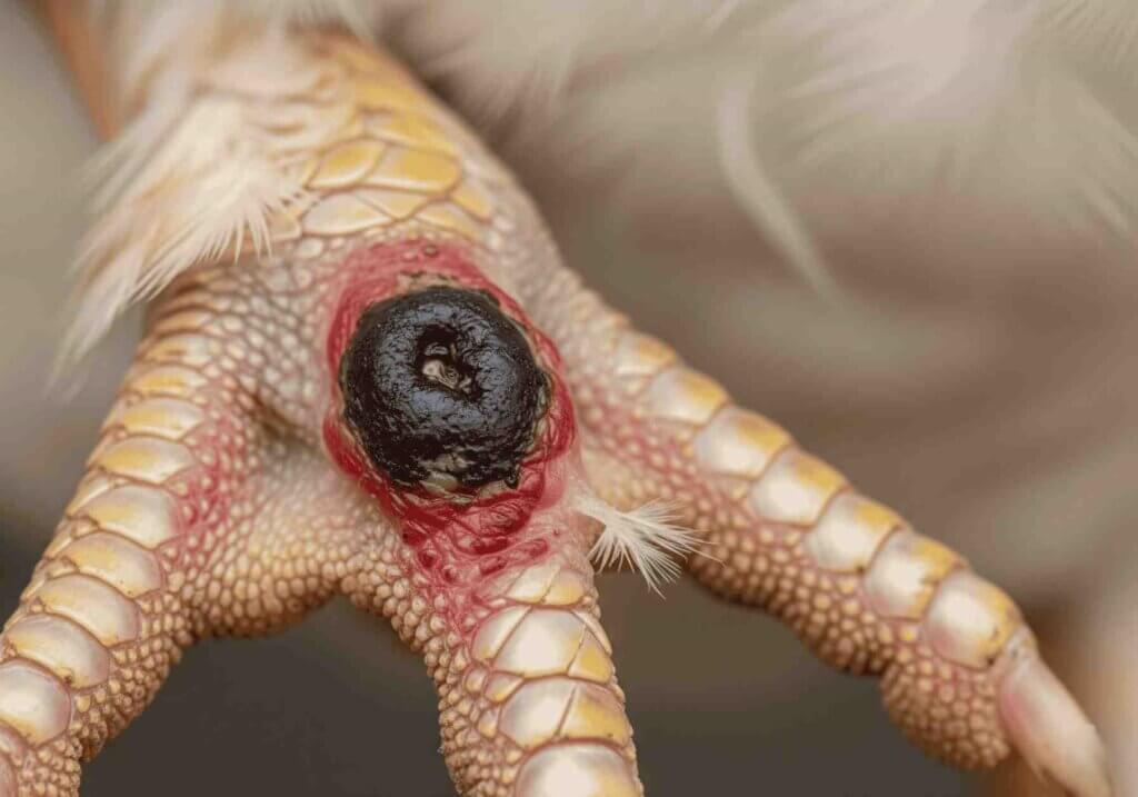A close-up of a chicken's foot with a large, black, ulcerated sore on the bottom of the pad.