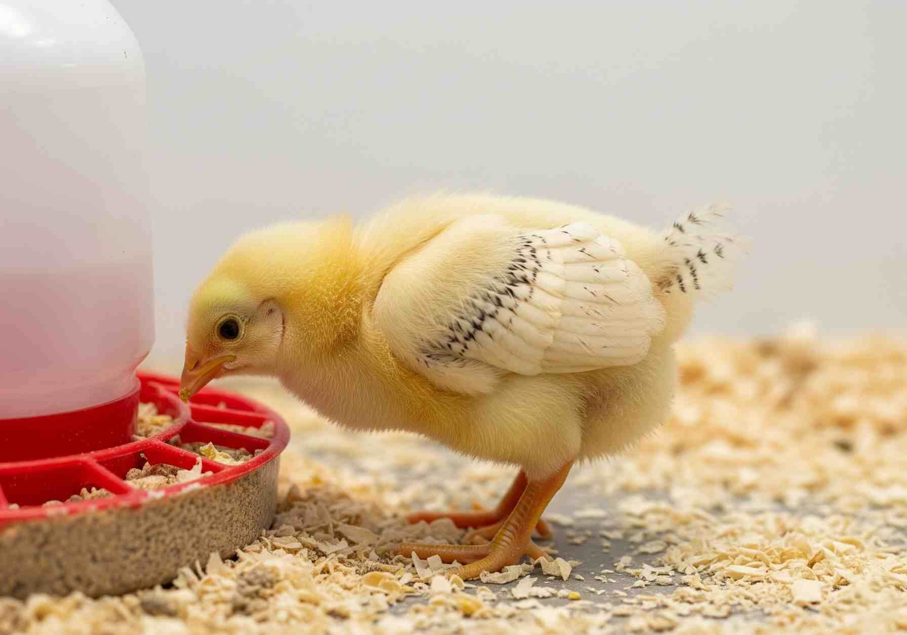  A single, fluffy yellow chick with black speckles on its wings is shown in a close-up, side profile. It is bending over to eat from a red feeder on a floor covered in wood shavings.