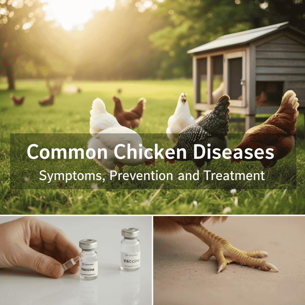 Collage: Top shows chickens in a field with text "Common Chicken Diseases." Bottom left: hand with vaccine bottle. Bottom right: close-up of chicken foot.