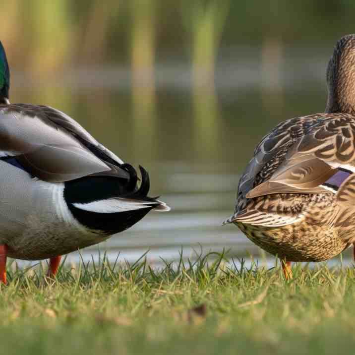 A rear view of a male and female Mallard duck standing on grass. The male on the left has a curled tail feather; the female on the right does not.