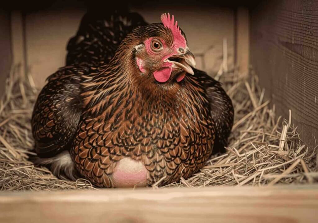 A chicken sits with its beak slightly open on a bed of hay inside a wooden nesting box.