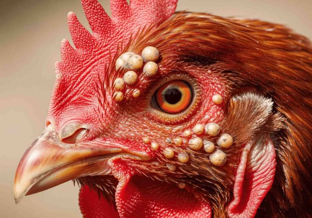 A close-up of a chicken's head showing white, wart-like lesions on its comb and face.