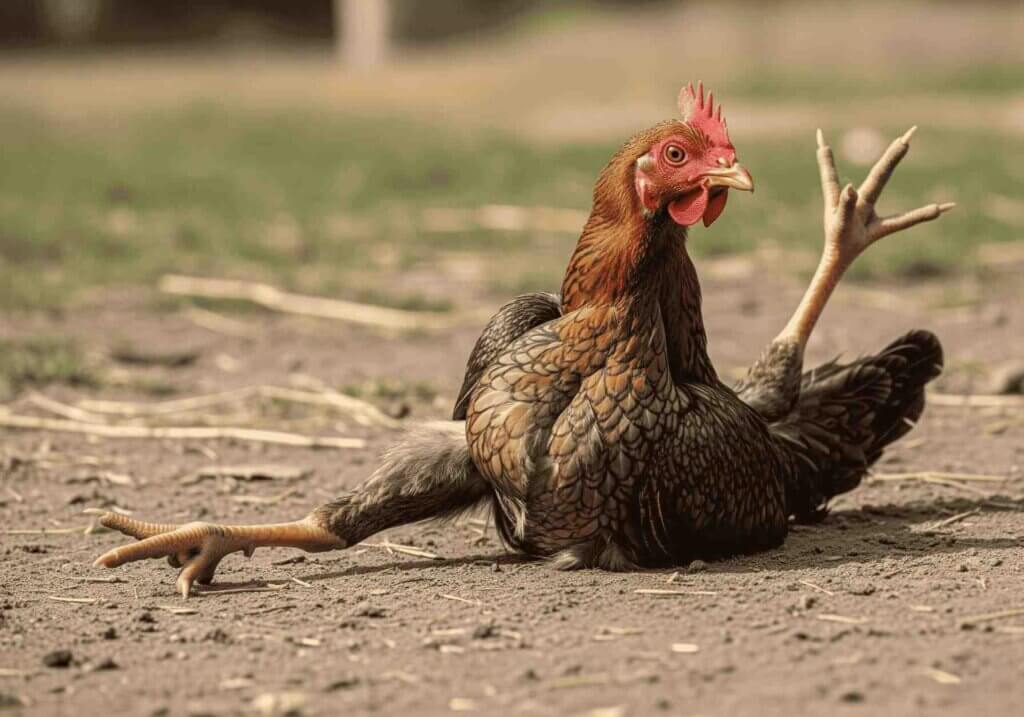 A chicken with a paralyzed posture sits on the ground with one leg stretched forward and the other stretched backward.