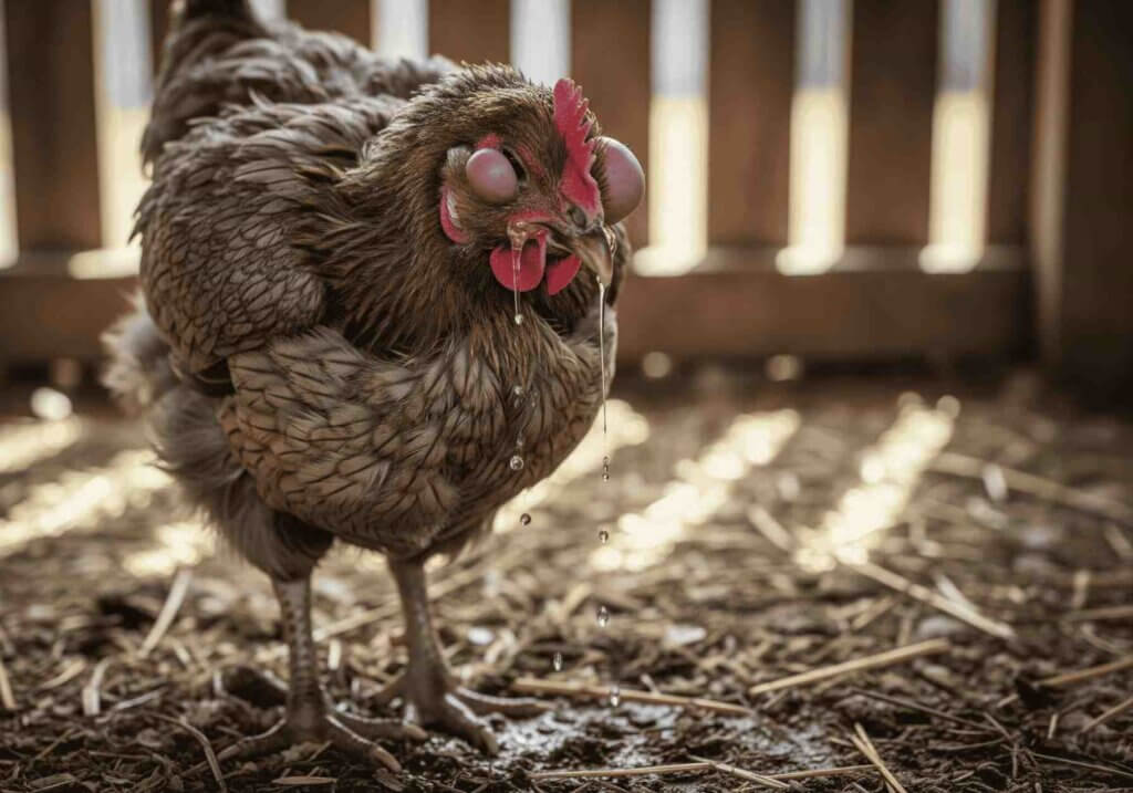 A chicken with swollen, red eyes, and mucus dripping from its beak stands in a coop on a dirt floor.