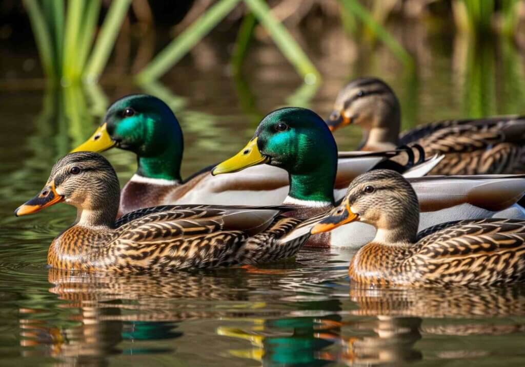 A flock of male and female Mallard ducks with green and brown plumage swims together in the water.