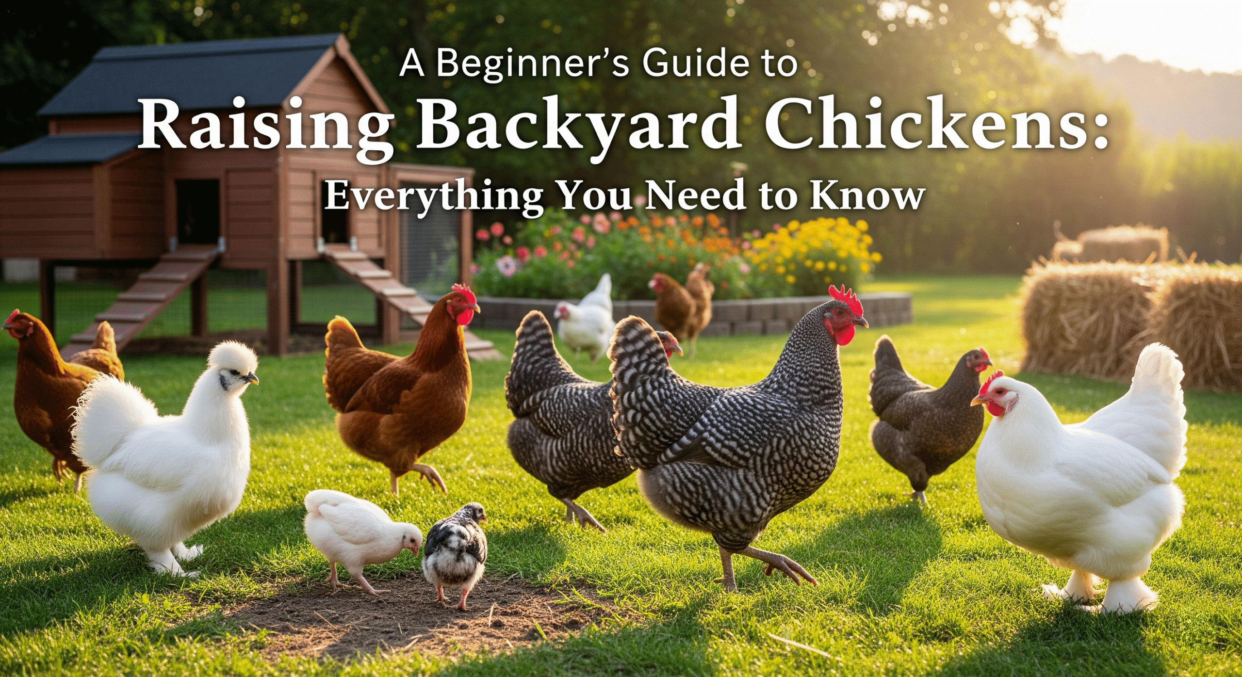 Sunlit photo: various chickens and chicks forage on a green lawn in front of a coop. Text: "A Beginner's Guide to Raising Backyard Chickens."